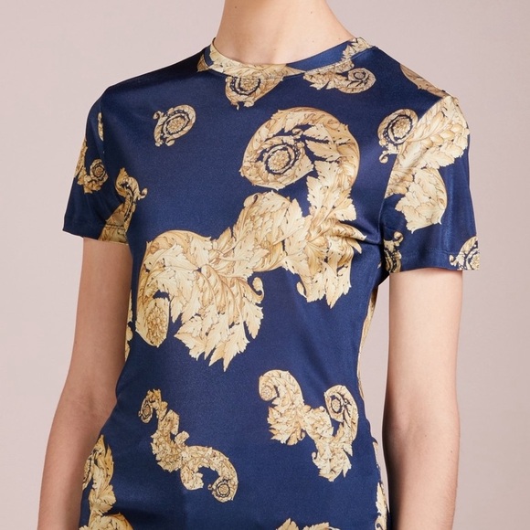 Versace Jeans Couture Navy Blue Gold Chromo Couture T-Shirt Semi Sheer Long Sm - Picture 3 of 11